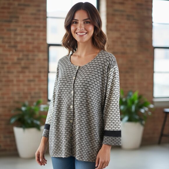 Margaret Winters Gray & White Colorblock Cotton Knit Cardigan Sweater Size XL - Picture 1 of 8